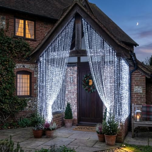LightsGo Cool White LED Curtain Lights 200 LED 2m x 2m Clear Wire — 8 Modes, Memory Function, UK Plug 31V Low Voltage IP44 — Best Value Window Backdrop Lights
