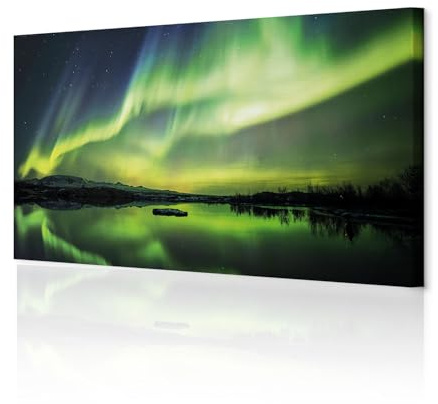 decomonkey Wandbilder Polarlicht 120x40 cm 1 Teilig Leinwandbilder Wanddeko | Strukturleinwand, Holzkeilrahmen, Bild auf Leinwand, Kunstdruck, Wohnzimmer, Wanddekoration, Landschaft, Nordlicht, schwarz