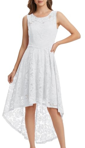 MUADRESS Women's Elegant Floral Lace Dress Sleeveless Crew Neck Hi-Lo Cocktail Prom Dress for Evening Party White XS