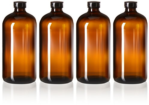 kitchentoolz 32oz Amber Glass Bottles - Air Tight Seal Lids - Quart-Sized Brown Glass Growlers for Beer, Kombucha, and Juice Storage - Pack of 4