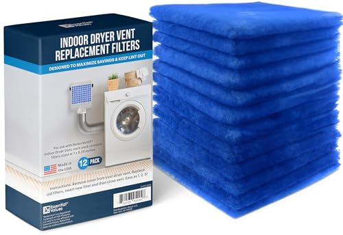 Essential Values 12 Pack Dryer Filter Replacement - Compatible with Better Vent Indoor Dryer Vent (60 Dryer Loads Total)