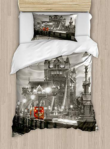 ABAKUHAUS London Bettbezug Set Einzelbett, Urban Life-Landschaft, Top Qualität Weich und Warm 3 Teiligen Bettbezug mit 2 Kissenbezüge, Taupe Grau