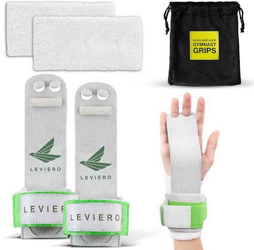 LEVIERO Gymnastik Griffe Set, Griffe für Gymnastik Mädchen, Dübelgriffe mit weichem Leder, Klettverschluss Handschlaufen und verstellbaren Fingerlöchern, für jedes Alter - (Weiß, 1)