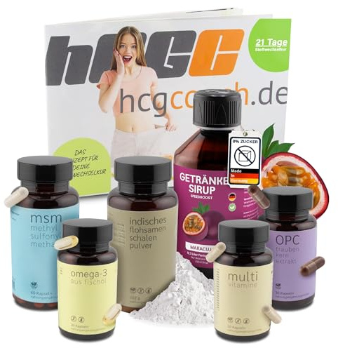 hCGC HCG Stoffwechselkur 21 Tage Basispaket – HCG Diät Set mit Omega 3, OPC, MSM, Vitaminen & Flohsamen Pulver – Stoffwechsel Beschleunigen Abnehmen – mit zuckerfreiem Maracuja-Sirup