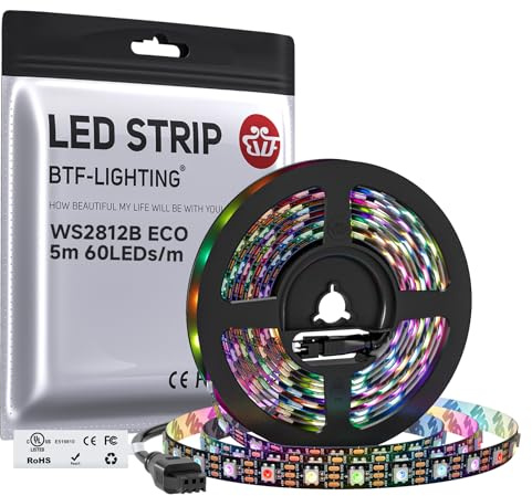 BTF-LIGHTING WS2812 ECO 5M 300 LEDs 5050 SMD Flexibler Streifen Schwarz PCB | RGB Individuell adressierbar WS2812 Legierungsdraht 60Pixels/m DC5V für Heimdekoration IP30 Nicht-Wasserdicht(Nur Streifen)