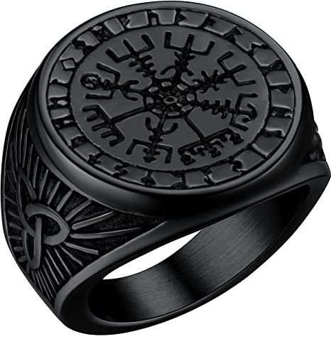 FaithHeart Viking Vegvisir Fingerring in Rundform， Vintag Kompass Fingerring mit Rune Symbol， Retro Skandinavischer Ring mit Gravur für Weihnachten Geburtstag