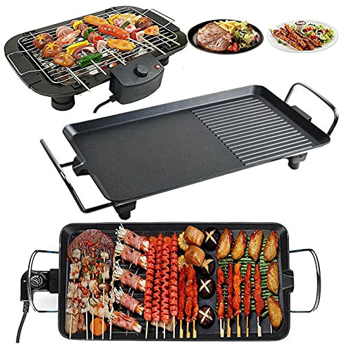 Jupitor Electric Table Top Grill Griddle BBQ Hot Plate Camping Cooking Cast Iron Non-Stick Black and Stainless Steel Grill Pan with Fat Drip Tray & Temperature Adjustment, XL 67x29.5x8.5cm