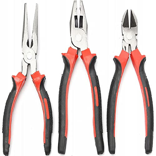 Retoo Set di 3 pinze professionali, con tagliente laterale, pinza combinata e pinza a becco lungo, set di 3 attrezzi con pinza rotonda, pinza combinata e pinza piatta, per elettricisti