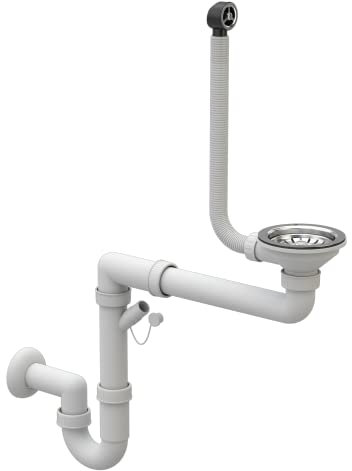 Scarico Lavandino Cucina - Sifone Lavandino - Sifone Lavello Cucina con Attacco per Lavastoviglie - Scarichi 115 mm (3 1/2) - Scarico per 1 vasca - Bianco/Cromo - Classico - Granitan