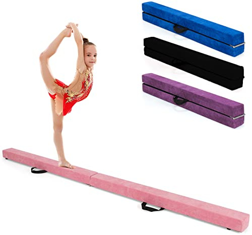 GYMAX Schwebebalken, klappbarer Gymnastikbalken mit rutschfestem Boden, Kiefernholzrahme & Tragegriff, Bodenbalken fur Training & Turneh