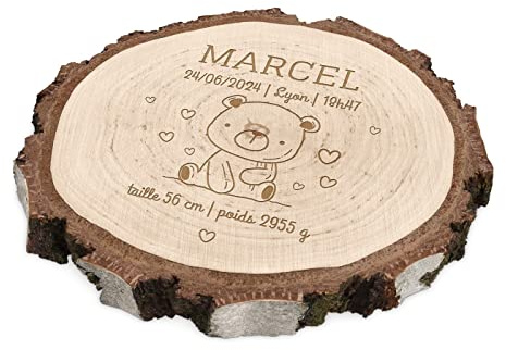 Maverton Rondin de Bois personnalisé - pour Homme - Disque en Bois gravé - pour Anniversaire - pour Lui - Papa/Papy - Deco - Souvenir - sous-Verre Boho Naturel - bébé