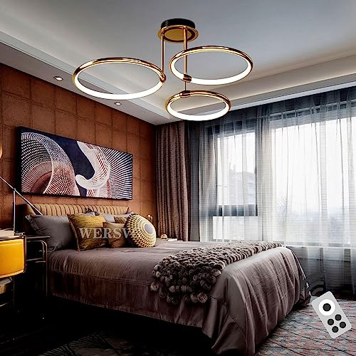 WERSVG Dimmbare gold 3-Lampe Deckenlampe LED Deckenleuchte Modern Wohnzimmerlampe Deckenleuchte 60W 4800LM Flurlampe Decke für Wohnzimmer Schlafzimmer Arbeitszimmer Esszimmer 3-Ring