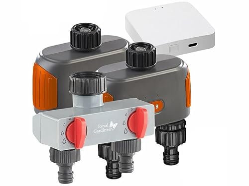 Royal Gardineer Dual Bewässerung: 2er-Set WLAN-Bewässerungscomputer mit Dual-Ventil, 2-Fach-Verteiler (Doppel-Ventil Bewässerung, Smarte Doppel, Pflanzen Sensor)