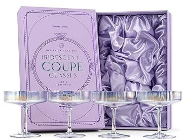 GLASSIQUE CADEAU Copas de Cóctel Iridiscentes Art Déco | Juego de 4 | 200 ml | Cristalería Clásica para Champán, Martini, Manhattan, Cosmopolitan | Copas Coupé con Platillo de Cristal Acanalado