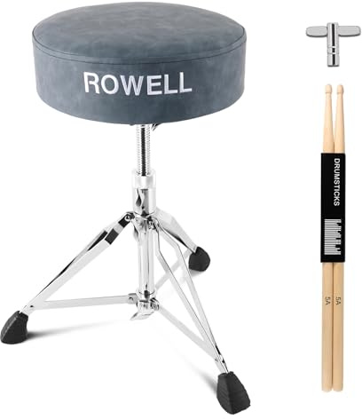 ROWELL Drum Throne Height Adjustable Drum Stool Drum Throne with Thickened Padded Double Support Anti-Slip Drum Seat Suitable for Adult and Drummers with Drum Sticks,Drum Key(Textured Blue)