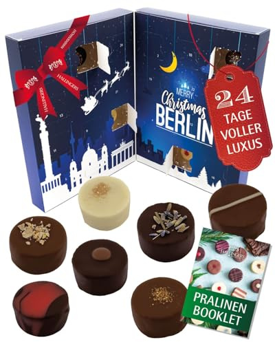 Hallingers Genuss Manufaktur Pralinen Adventskalender - mit & ohne Alkohol, handmade aus Confiserie-Edelkakao in wertigem Softfeel-Karton Berlin, Weihnachtskalender für Frauen Männer