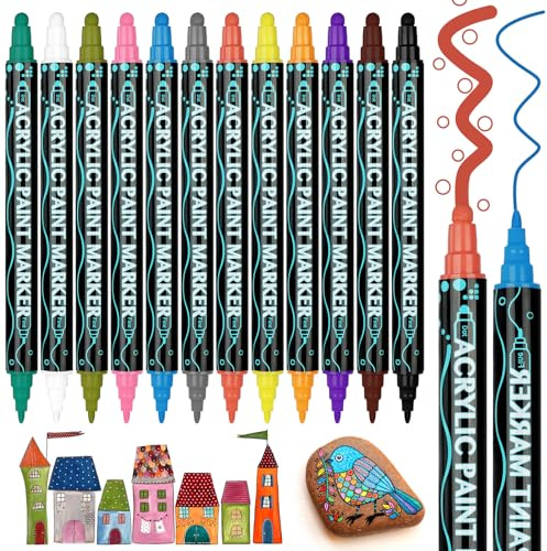 AUAUY Fieltro Acrílico, Rotulador Acrílico Doble Punta Pincela, 12 Colores Fieltro Pintura Acrílica para Rodillo, Cuero, Textil, Vidrio, Plástico, Madera Bolígrafos Pintura