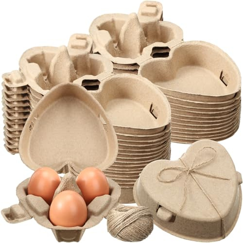 FoldTier 30 Pcs Heart Shaped Eggs Cartons 3 Count Natural Paper Pulp Egg Cartons with Jute Rope Reusable Cardboard Storage Baskets Holder Tray for Kitchen Easter Holiday Gifts Market Farm