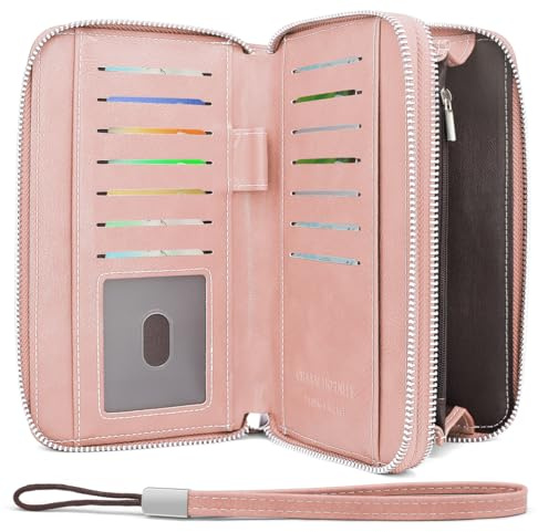 HNOOM Damen Geldbörse Groß – Portemonnaie Damen aus PU Leder (Rosa) | 14 Kartenfächer, Münzfach, Brieftasche Damen mit RFID-Schutz, Stylische Frauen Geldbeutel, Doppelter Reißverschluss, Lang