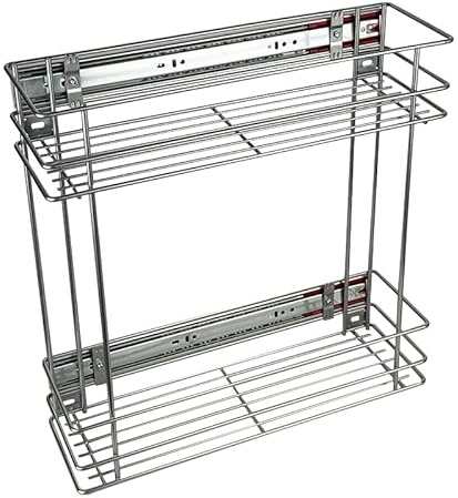 STOLMET Rangement De Cuisine Panier Coulissant À Deux Niveaux Avec Fermeture Amortie Fixation Latérale Universelle, Coulissant pour Armoire 20 cm (Largeur du Panier : 15 cm) Chrome Brillant