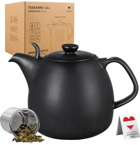 Théière Copenhague avec infuseur, 1,6 L, noire, en porcelaine, adaptée pour réchaud avec infuseur amovible en acier inoxydable à mailles fines. Théière en porcelaine.