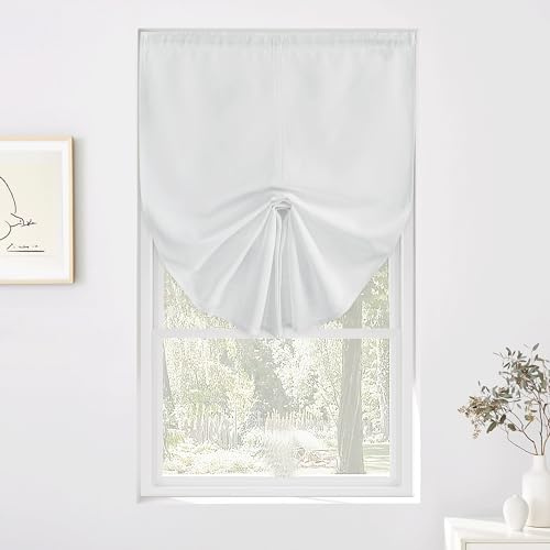 RYB HOME Short Curtains for Small Window, Flax Linen Sticky Adhesive Light Filtering Privacy Balloon Shade for Kitchen Bathroom Office Closet, W36 x L55 inches, White, 1 Piece