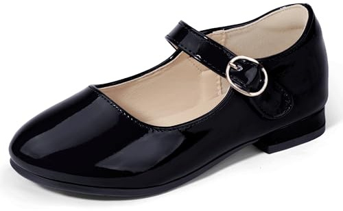 PANDANINJIA Girls Dress Shoes Black Patent Ballerina Flats Size 7 Toddler Little Big Kid Mary Jane Low Heels Shoes