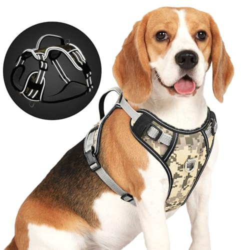 Reflective Dog Harness BiPawTi Anti-Zieh Hundegeschirr Mittelgroße Hunde, Weiches Verstellbares Brustgeschirr mit Reflektierenden Streifen, Bequemes Geschirr Hunde Mittel mit Handgriff, Camouflage (M)