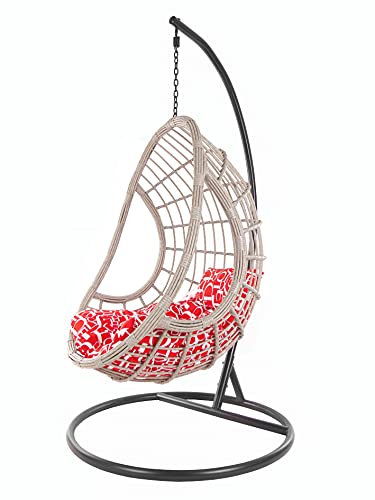 Kideo Komplettset: XXL Hängesessel mit Gestell & Kissen, Korbsessel, Poly-Rattan, grau-beige (Kissen: Chesterstepp rot-weiß Gemustert [3100 red Letter], Korb: grau-beige Melange, Gestell: dunkelgrau)