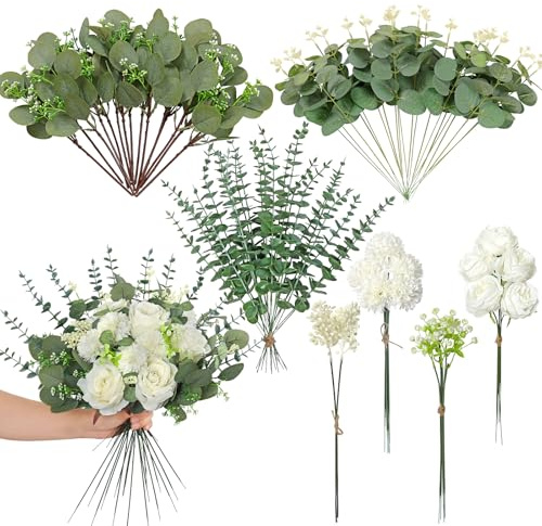 Weldomcor 72 Stück Kunstblumen & Künstliche Zweige, 7 Arten Künstliche Blumen Grün Blätter Dekozweige, KunstBlumen Wie Echt Rose Hortensien Eukalyptus für DIY Kunstblumenstrauss Hochzeit Party Dekor