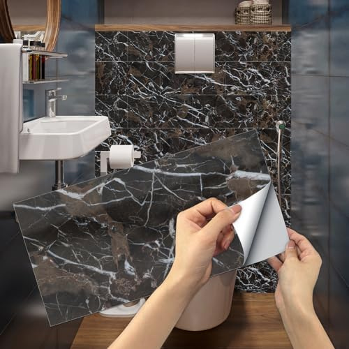 Targawerelax Rétro Stickers Carrelage Adhesif Mural Cuisine Salle De Bain papier peint en marbre, Credence Adhesive Fond d'écran, Pvc Adhesive Murale, Stickers Muraux Autocollant, couleur café noir