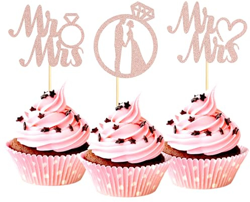 Sotpot Miss to Mrs Cupcake Toppers Rose Gold Glitter Ring Design 24pack Cake Decorations for Bridal Shower Wedding Engagement Party Supplies