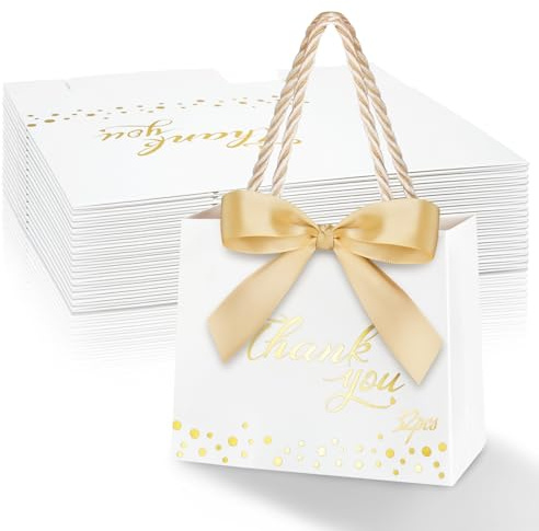 32 Stück Geschenktüten Danke mit Henkel, Geschenktasche Klein mit Schleifen, Geschenktüte Papiertüten Mini Bonbontüten, Geschenkverpackung für Geschenk, Geburtstag, Feier, Hochzeit, Partei (Weiß)