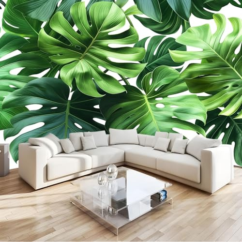 Papier Peint Panoramique 3D Plante Feuilles Monstera Papier Peint Intissé Tapisserie Poster Mural Bleu pour Salon Chambre Décoration Murale 350x256cm