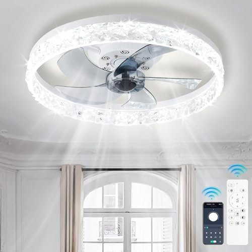 Finktonglan LED-Deckenventilator mit Licht – Moderner blattloser Ventilator 50 cm, dimmbare Deckenleuchte mit 6 Geschwindigkeiten, Fernbedienung & APP-Steuerung, Weiß