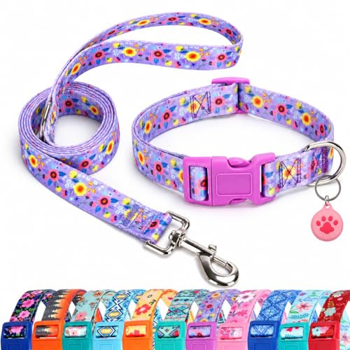 SLZZ Hundehalsband mit Leine Airtag Halter Etui Garnitur - Hundehalsbänder für männlich weiblich Junge Mädchen Welpe X-klein klein mittel groß Hunde Gehen Laufen Training - Lila Gänseblümchen-XS