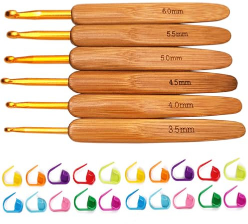 Barlone Häkelnadel Set 26 Stück, 6 Stück Bambus Häkelnadeln 3,5 mm - 6 mm und 20 Stück Maschenmarkierer, Häkelnadeln Ergonomisch Set für Arthritische Hände, Anfänger Häkelnadel Holzgriff Crochet Set