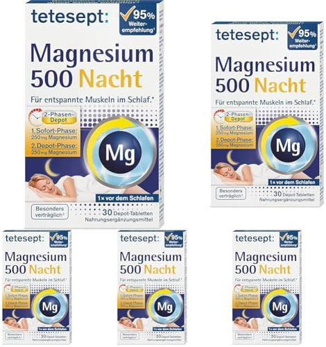 tetesept Magnesium 500 Nacht – Nahrungsergänzungsmittel mit hochdosiertem Magnesium – entspannte Muskeln im Schlaf mit Magnesium Tabletten – 1 x 30 Tabletten (Packung mit 5)