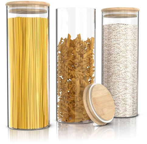 Arendo - Vorratsgläser mit Deckel - 3er Set - 10 x 28 cm / 2 Liter - Glasbehälter aus Glas – hitzebeständig – Vorratsdosen mit Holzdeckel - luftdicht - für Müsli Zucker Mehl Spaghetti Kaffee Reis