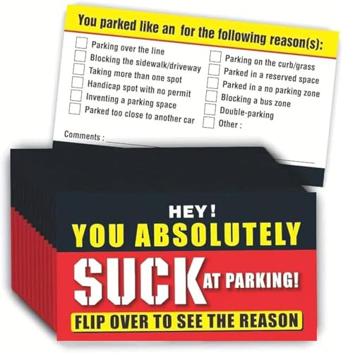 You Parked Like a Idiotkort - 100 st dåliga parkeringskort roliga, du suger på parkering visitkort med flera överträdelser (9,5 x 5 cm, röd)