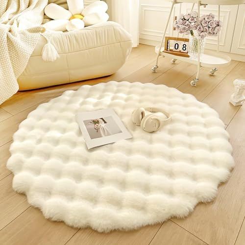 Tospass Hochflor Teppich Rund Wohnzimmer Langflor Flauschig Shaggy Kunstfell Fell Waschbar für Schlafzimmer Bettvorleger Weiß Moderne Rutschfester Teppiche, 120 cm Rund