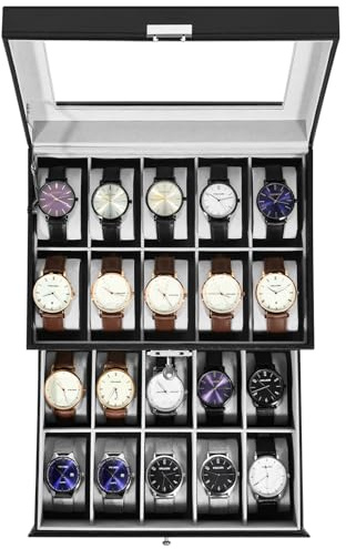 Uten Watch Box 20 Slots, 2-Tier Watch Case with Key Lock, Glass Lid, Watch Display Storage Box for Men and Women, Black Synthetic Leather, Grey Velvet Lining, Removable Pillows, Gift Idea