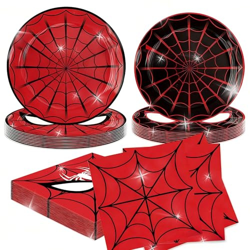 LaVenty assiettes carton rouge noir vaisselle super héros anniversaire déco fête enfants set spider
