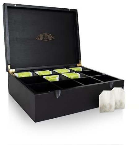 Nimma Scatola per Tè – 12 Scomparti in Legno con Chiusura Magnetica – Adatta per Pickwick, Lipton e Altro – Nero – Scomparti Extra Grandi per Bustine e Tè Sfuso