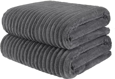 KinHwa Mikrofaser Badetuch 70x140 cm Flauschig 2er Set-Gestreift grau | Dichte Korallfleece-Struktur, saugstark und angenehm weich. Trocknet schnell, ideal für Dusche, Sauna und Zuhause