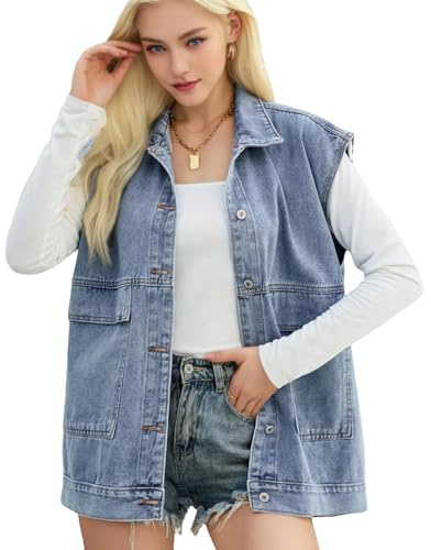 VigelEther Oversize Jeansweste für Damen, Cowboyjacke, Damen Jacken, Locker Geschnitten, mit Knopfleiste und Taschen (DE/NL/SE/PL, Alphanumerisch, XL, Regular, Regular, Blau)