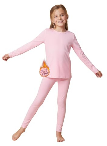 WELAKEN Girls Warm Thermal Underwear Set Kids Winter Base Layer Long Johns Sets for Cold weather/skiing Pink
