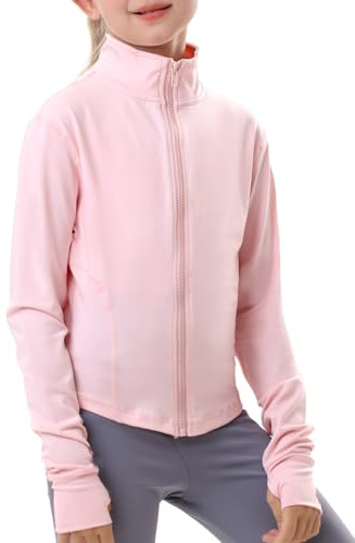 Gihuo Girls Zip Up Workout Jacket Lightweight Athletic Horse Riding Jackets Cropped Gym Yoga Track Shirts with Thumb Holes(Pink-9-10Y)