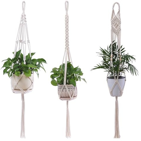 KLVGTIFS Lot de 3 Suspension Plante, Macrame Pot Suspendu de Coton, Panier Suspendu, Porte Pot de Fleurs pour Plantes pour Intérieur, Extérieur, Jardin, Balcon, Patio, Fenêtre, Beige, 105 cm