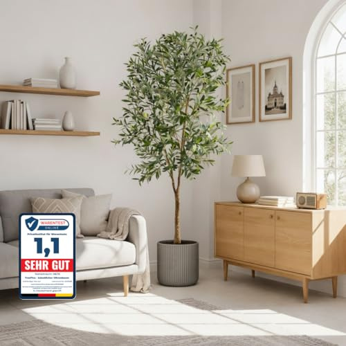 TreeTica Olivenbaum künstlich 180 cm – naturgetreuer Olivenbaum Groß & Pflegeleicht – Oliven Kunstpflanze als Deko Wohnzimmer, Schlafzimmer, Büro & Home Decoration